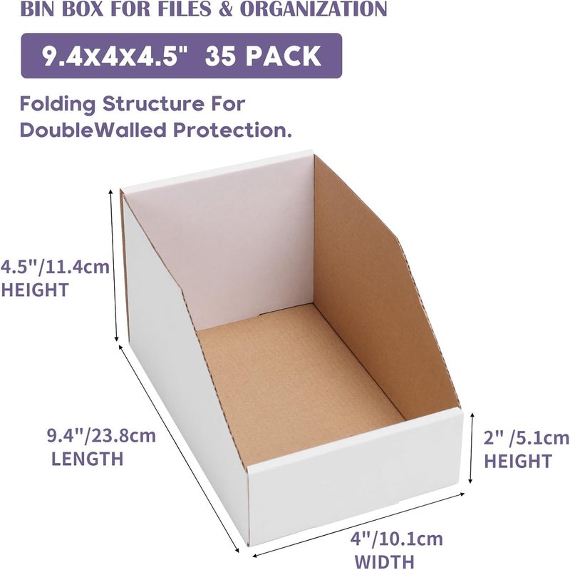 EXYGLO Cardboard Storage Bins 35 Pack, 9.4x4x4.5 Inch Cardboard Boxes, Corrugated Organizer Bins for Pantry, Shelves, Garage, Office, Shop, White - Image 2